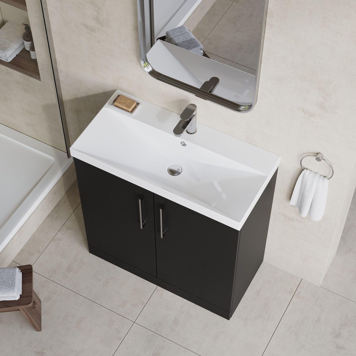 800mm FS 2-Door Vanity & Basin 3 - Satin Soft Black