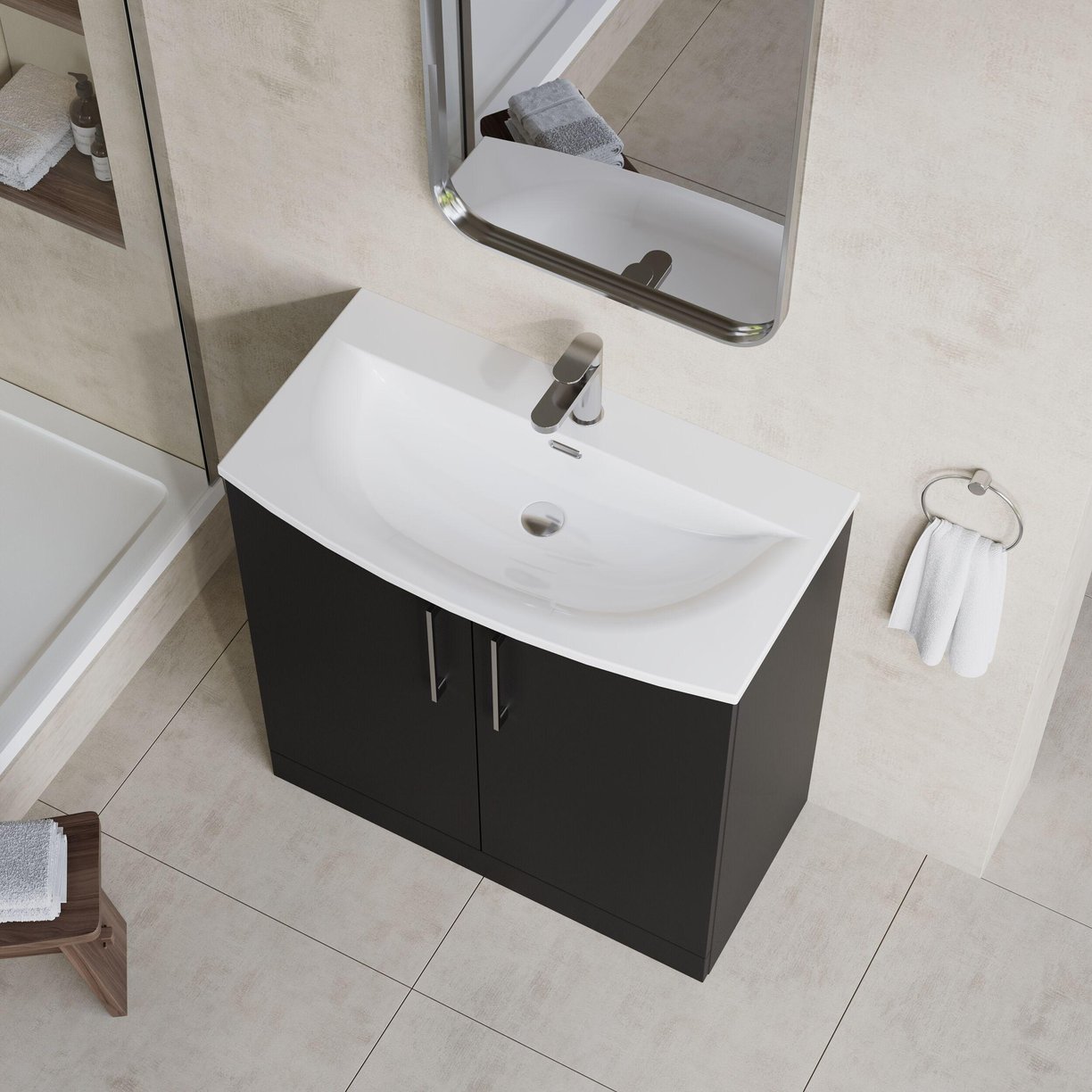 800mm FS 2-Door Vanity & Basin 4 - Satin Soft Black