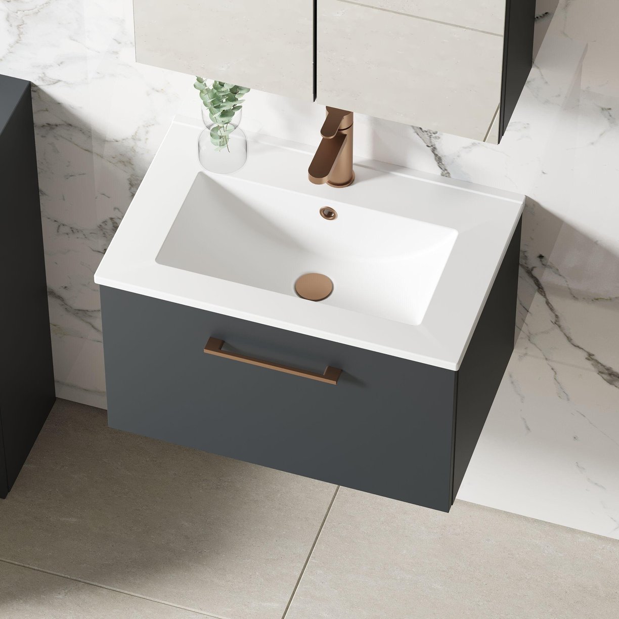 600mm WH 1-Drawer Vanity & Basin 2 - Satin Soft Black
