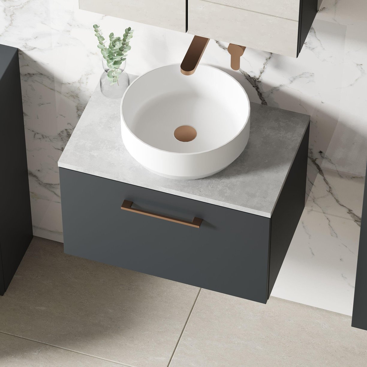 600mm WH 1-Drawer Vanity & Laminate Top - Satin Soft Black