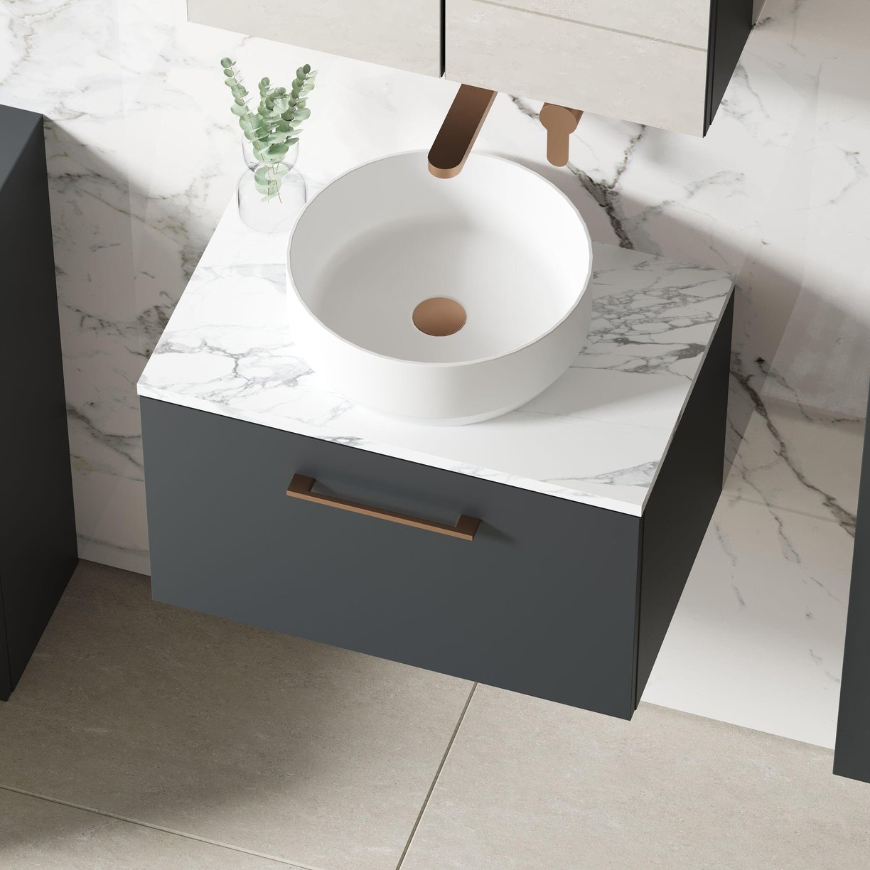 600mm Wh 1-Drawer Vanity & Laminate Top - Satin Soft Black