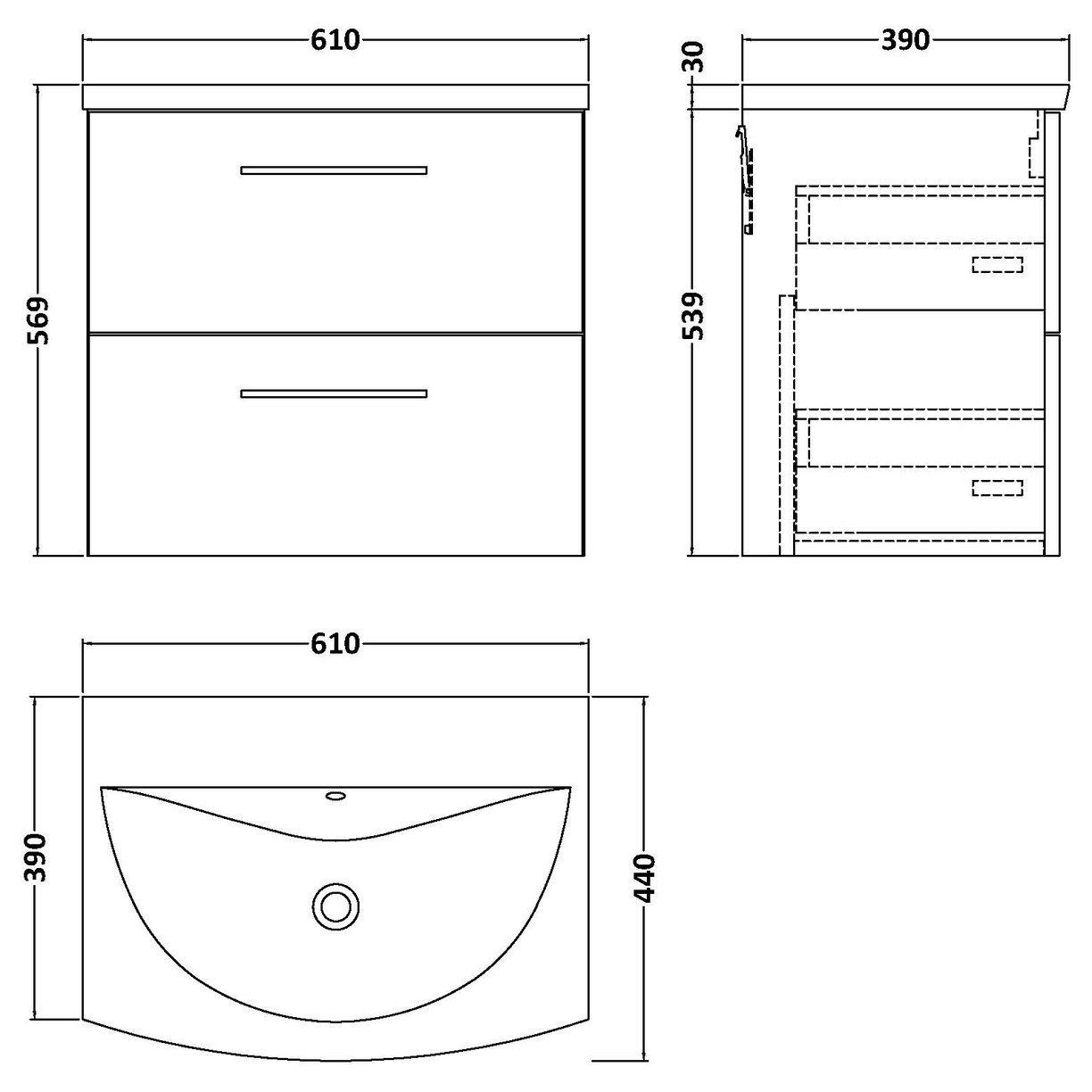 600 WH 2-Drawer Vanity & Basin 4