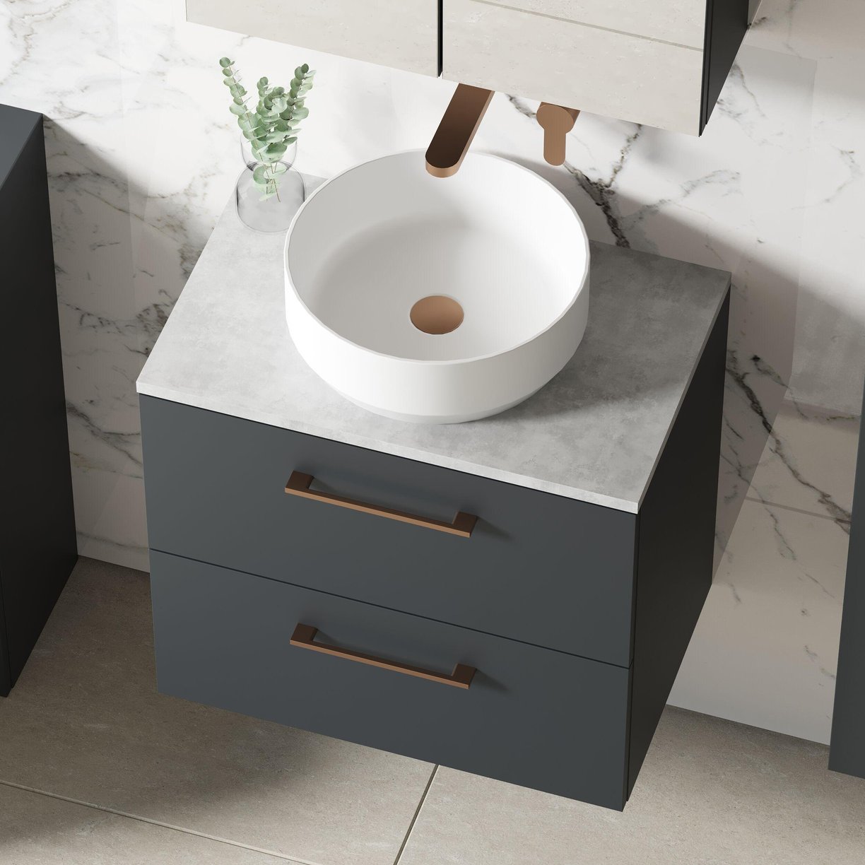 600mm WH 2-Drawer Vanity & Laminate Top - Satin Soft Black