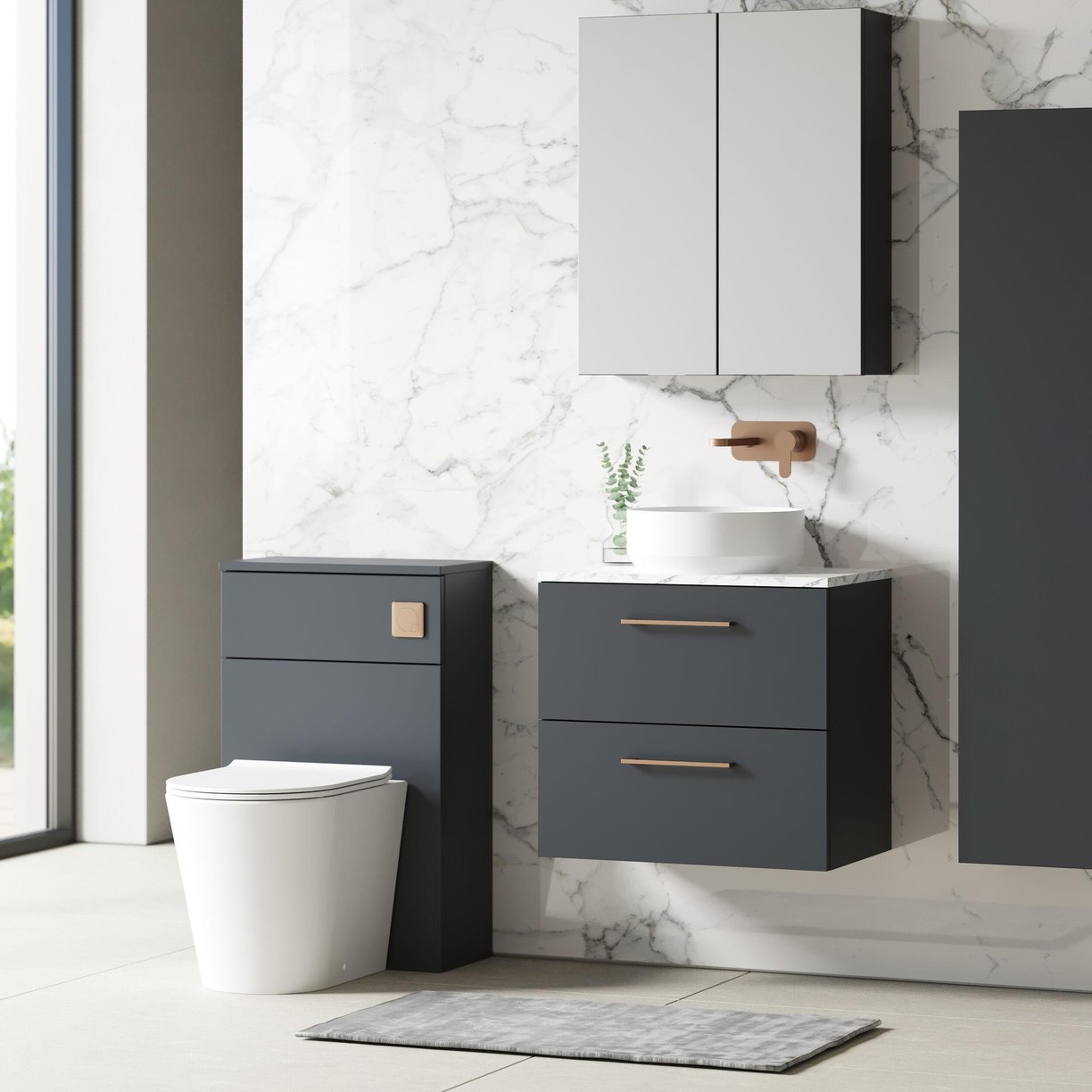 600mm Wh 2-Drawer Vanity & Laminate Top - Satin Soft Black