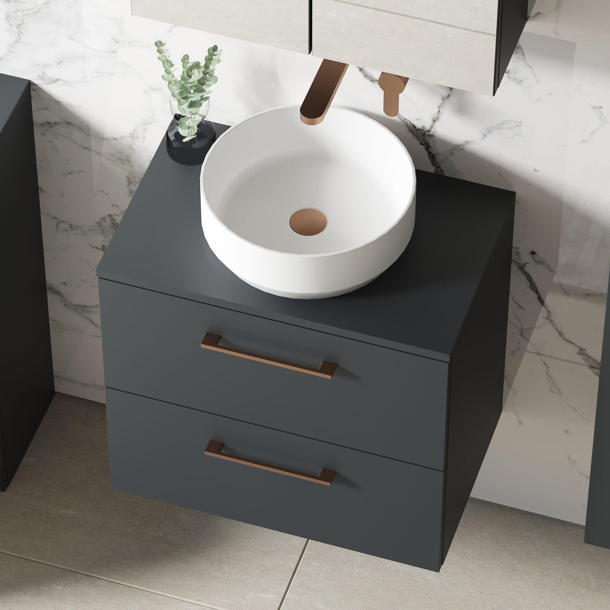 600mm WH 2-Drawer Vanity & Worktop - Satin Soft Black