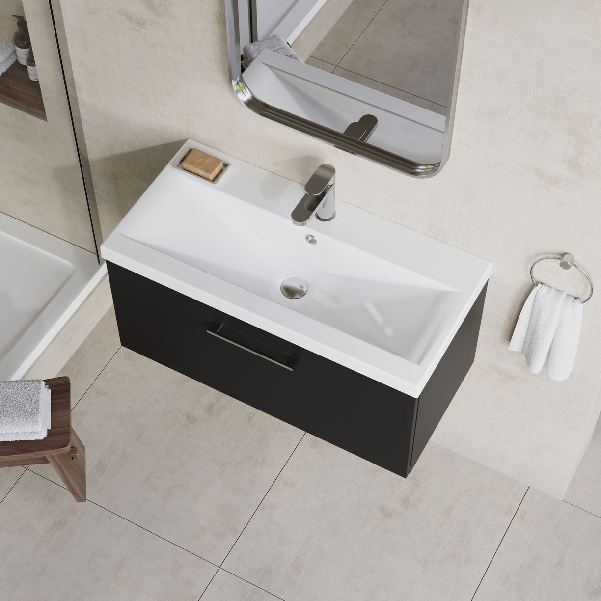 800mm WH Single Drawer Vanity & Basin 1 - Satin Soft Black