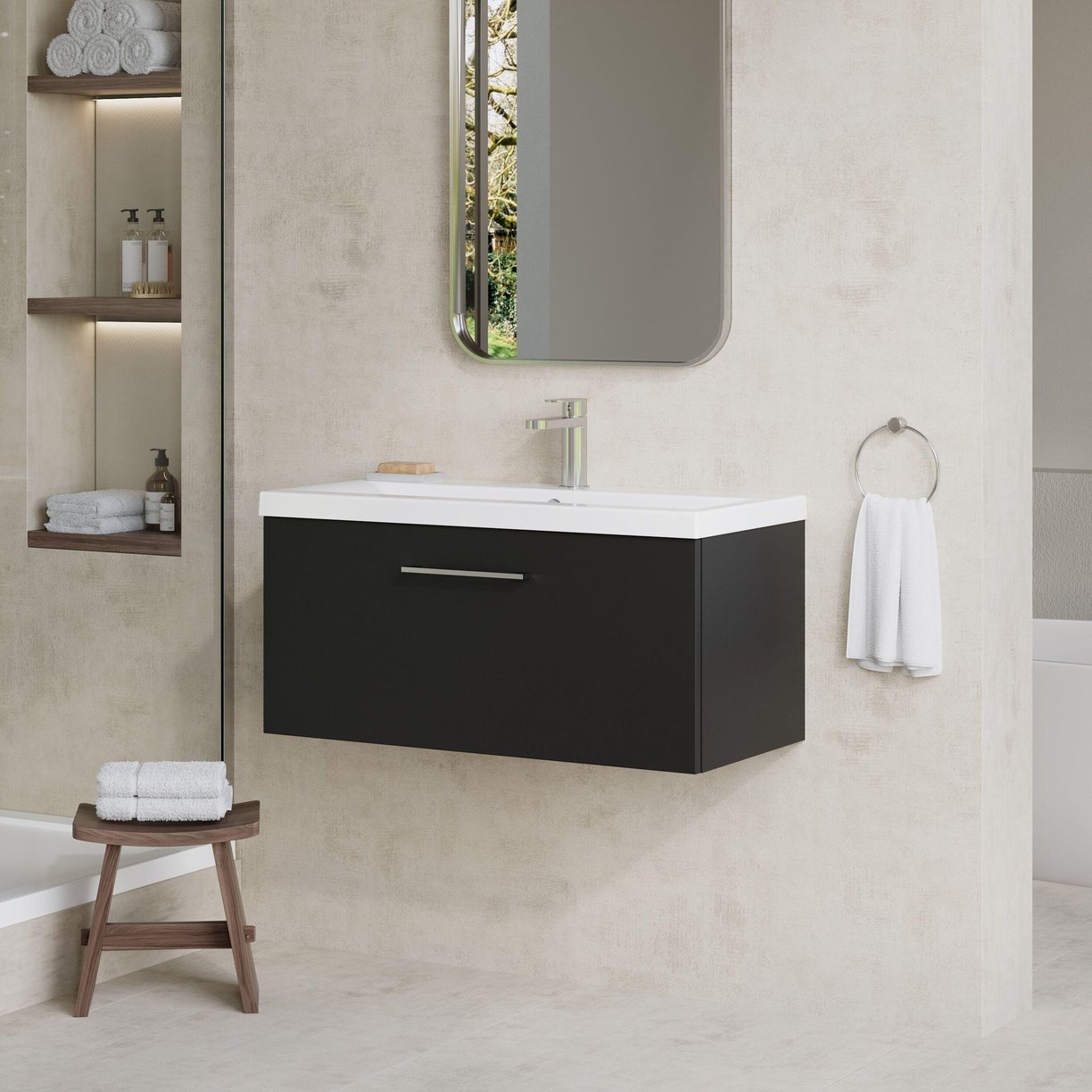 800mm WH Single Drawer Vanity & Basin 1 - Satin Soft Black