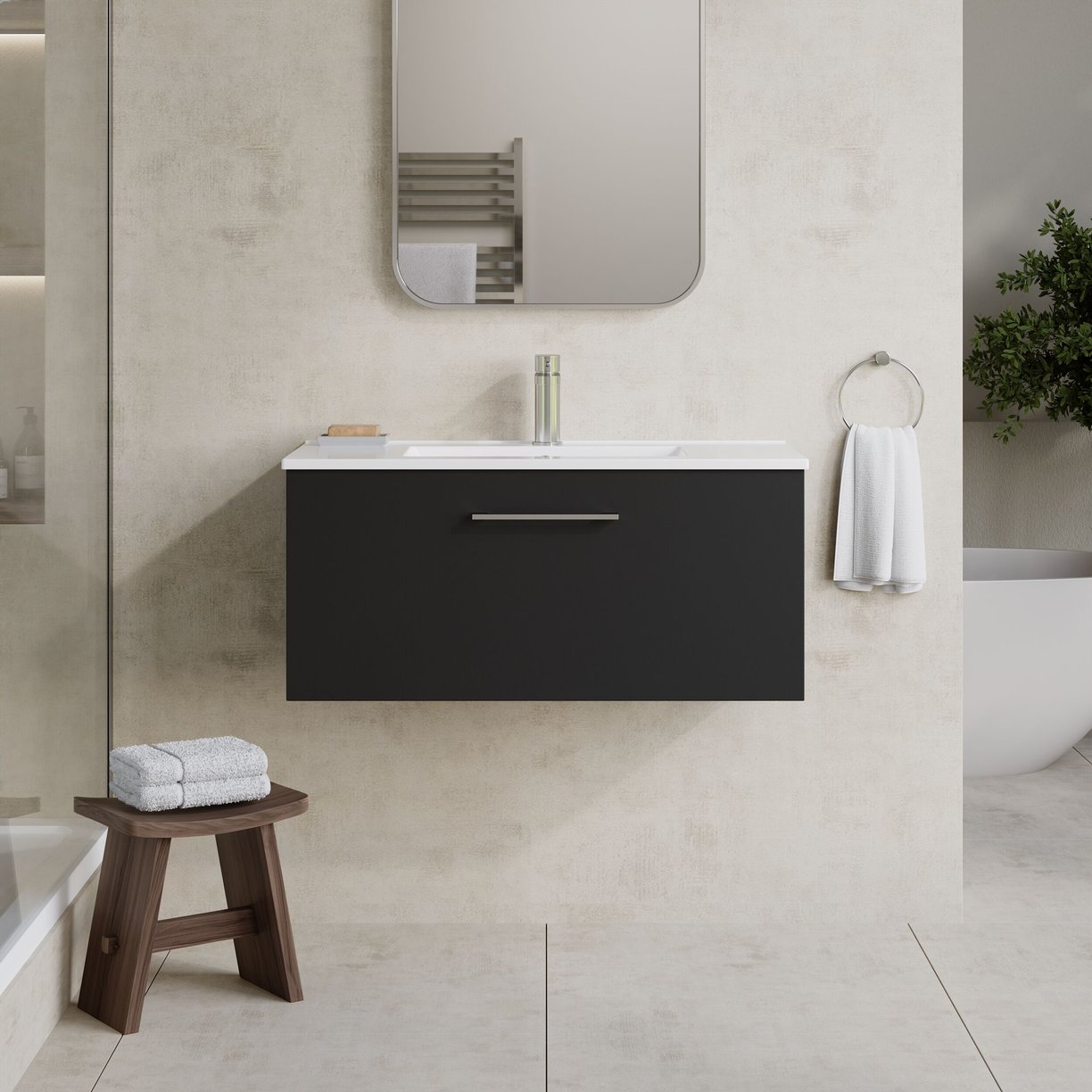 800mm WH Single Drawer Vanity & Basin 2 - Satin Soft Black