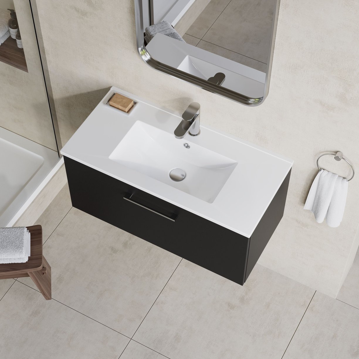 800mm WH Single Drawer Vanity & Basin 2 - Satin Soft Black