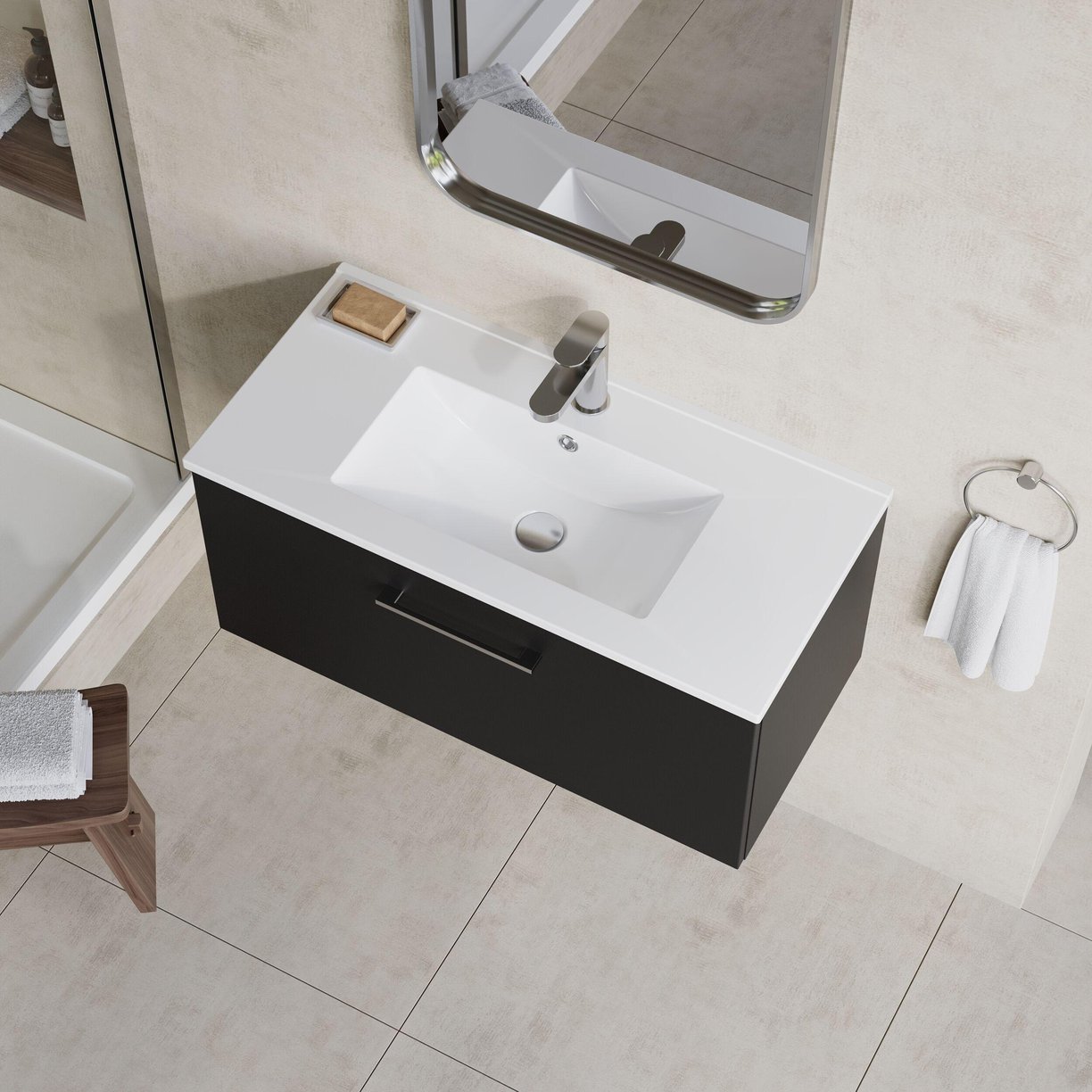 800mm WH Single Drawer Vanity & Basin 2 - Satin Soft Black