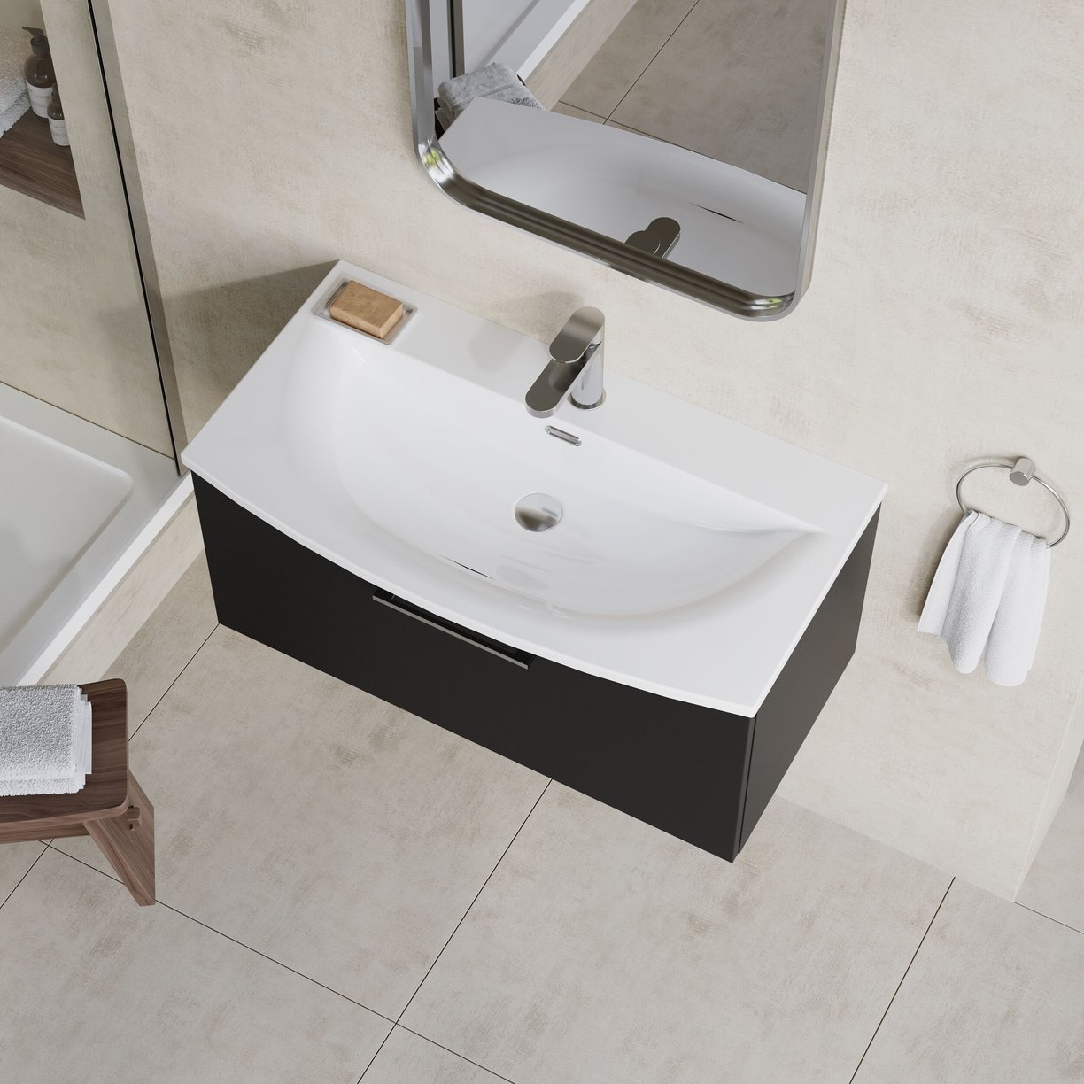 800mm WH Single Drawer Vanity & Basin 4 - Satin Soft Black