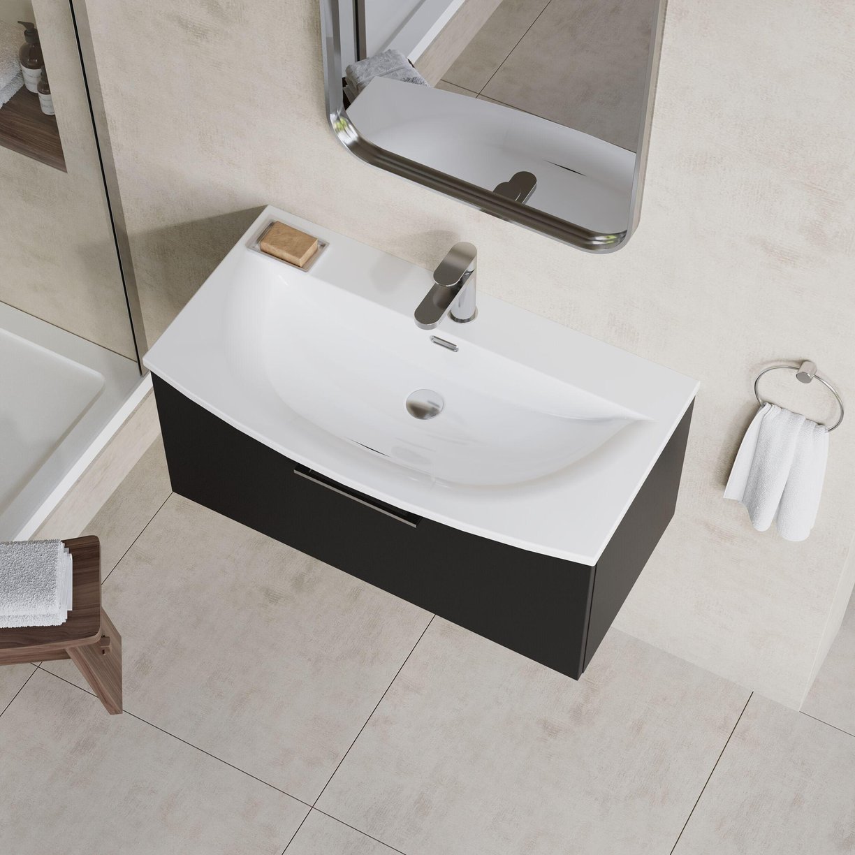 800mm WH Single Drawer Vanity & Basin 4 - Satin Soft Black