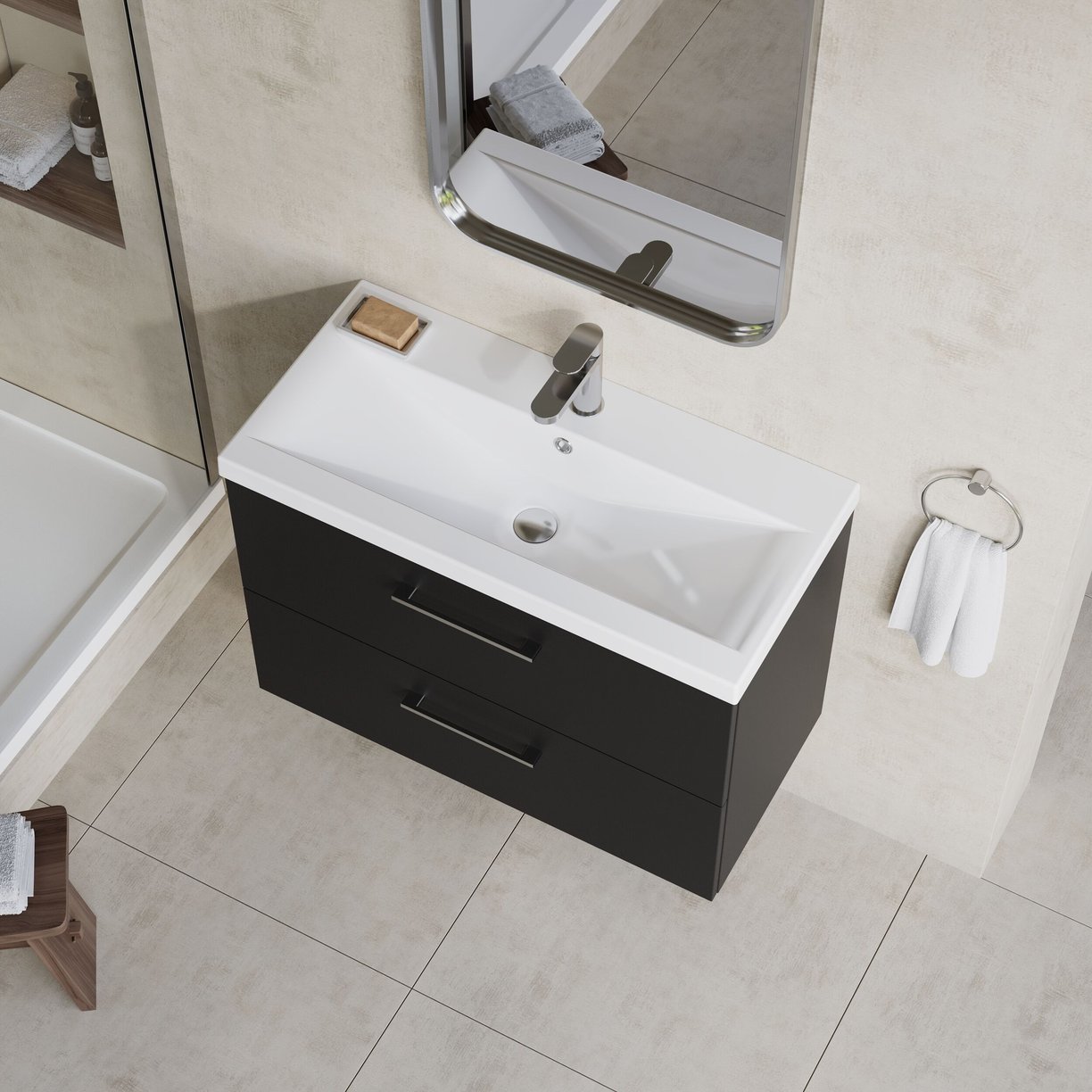 800mm WH 2-Drawer Vanity & Basin 1 - Satin Soft Black