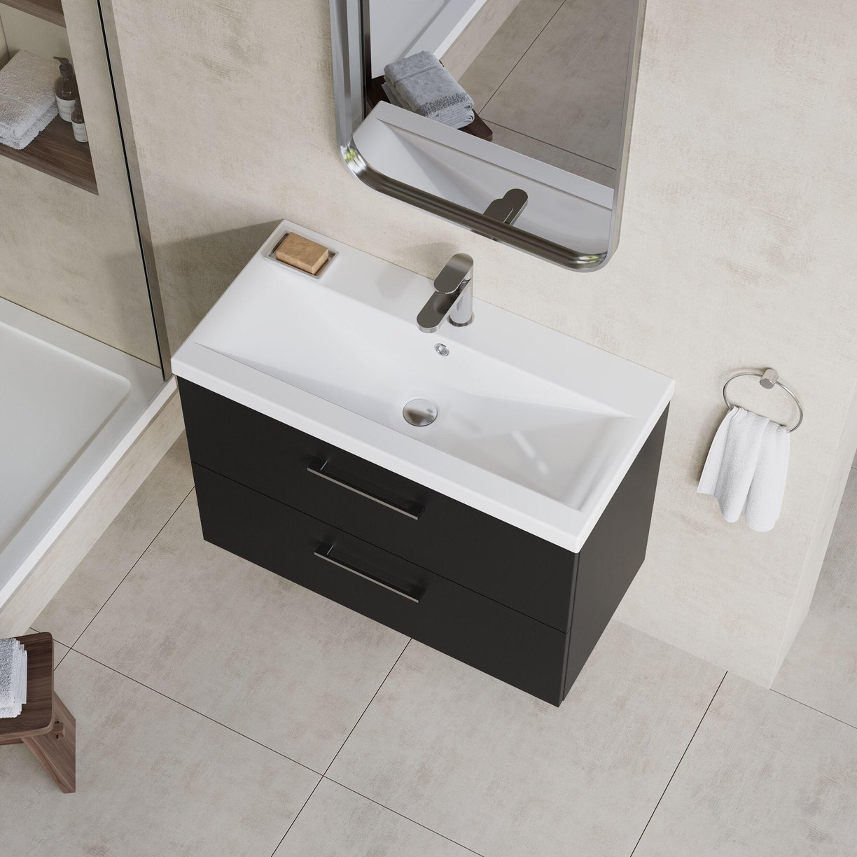 800mm WH 2-Drawer Vanity & Basin 1 - Satin Soft Black