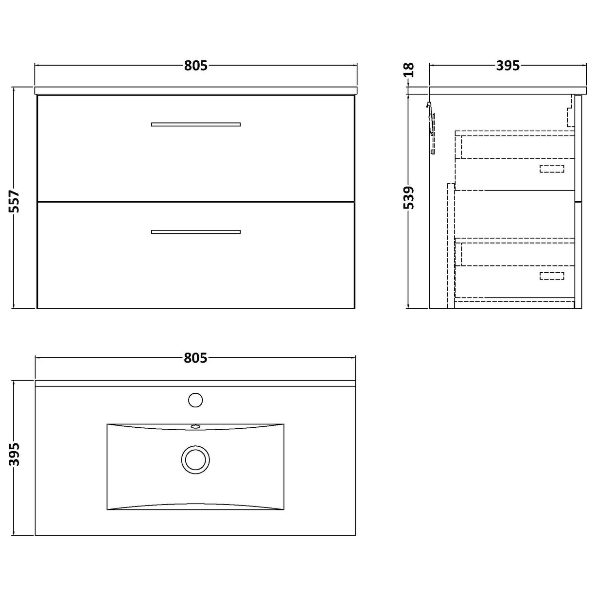 800mm WH 2-Drawer Vanity & Basin 2 - Satin Soft Black