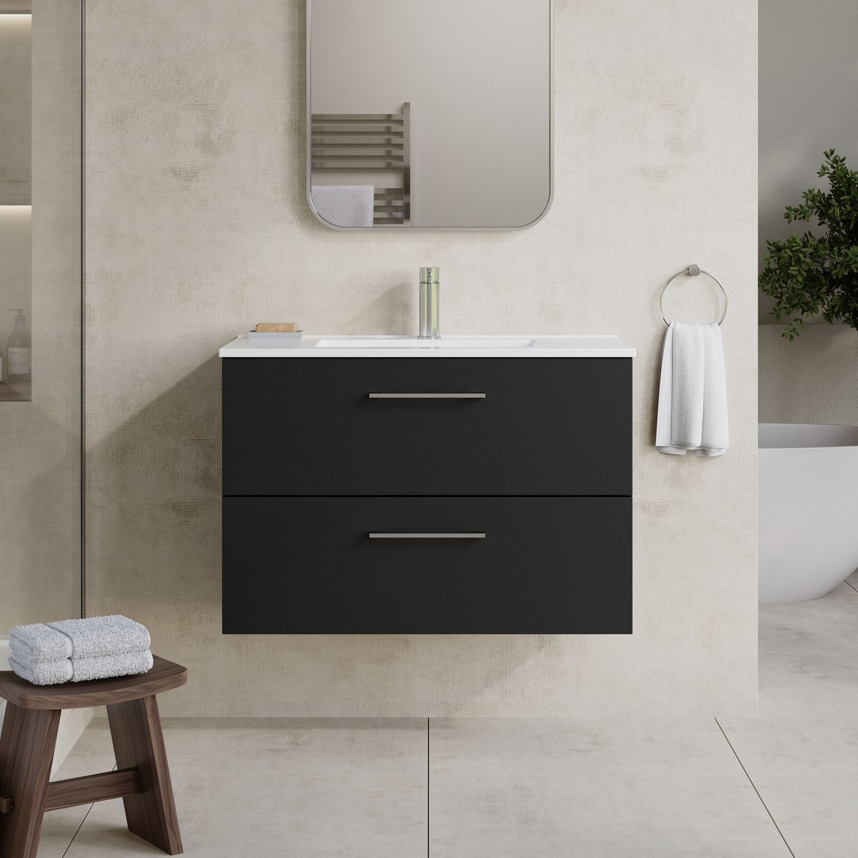 800mm WH 2-Drawer Vanity & Basin 2 - Satin Soft Black