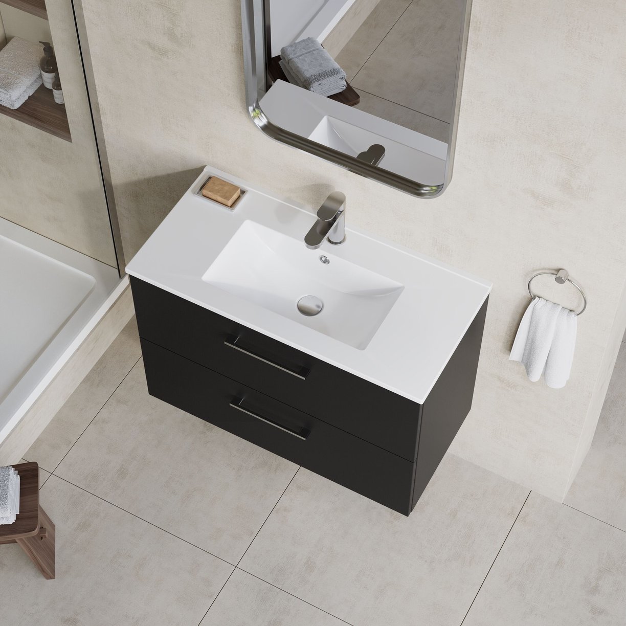 800mm WH 2-Drawer Vanity & Basin 2 - Satin Soft Black