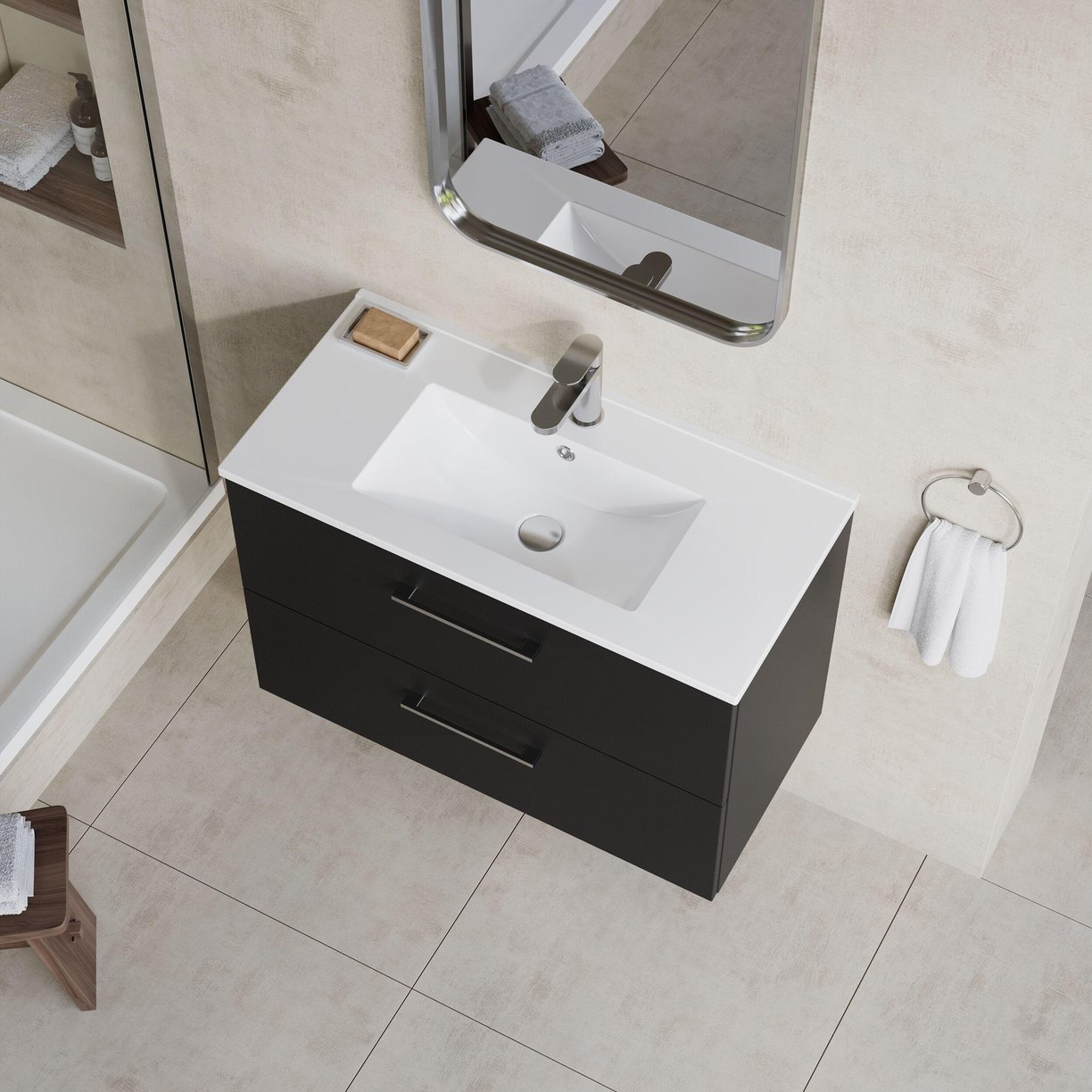 800mm WH 2-Drawer Vanity & Basin 2 - Satin Soft Black