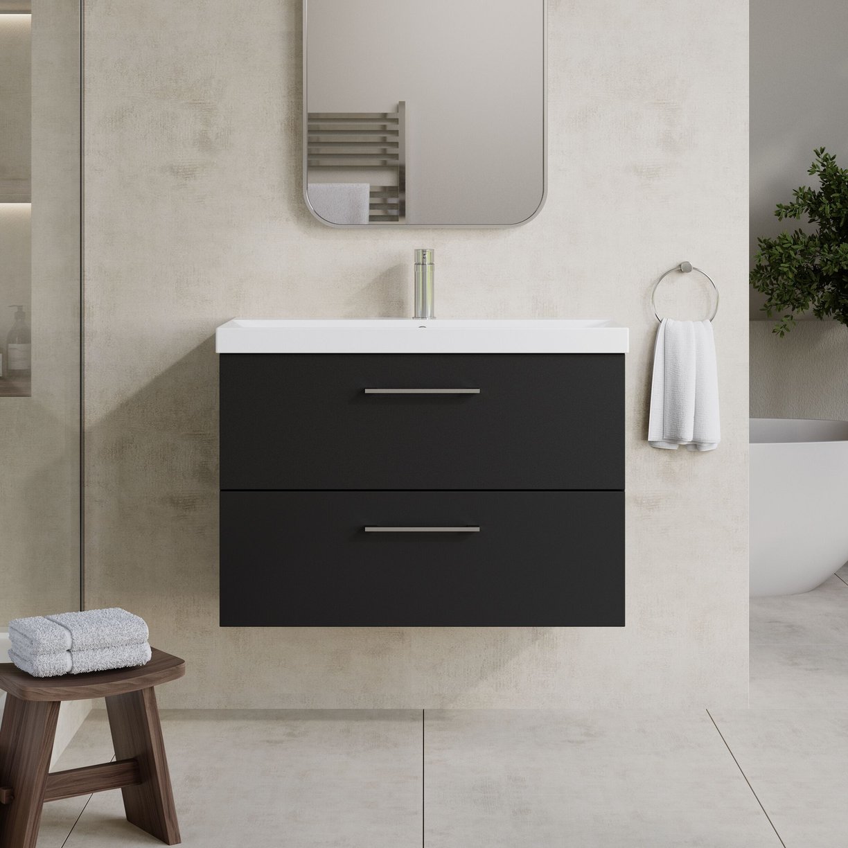 800mm WH 2-Drawer Vanity & Basin 3 - Satin Soft Black