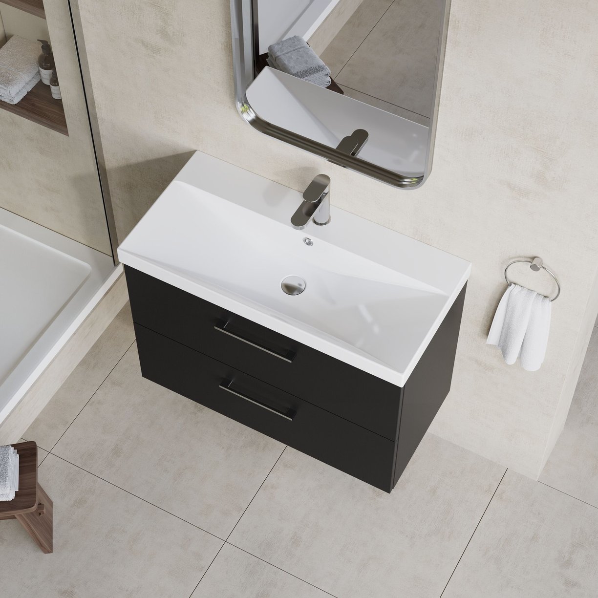 800mm WH 2-Drawer Vanity & Basin 3 - Satin Soft Black