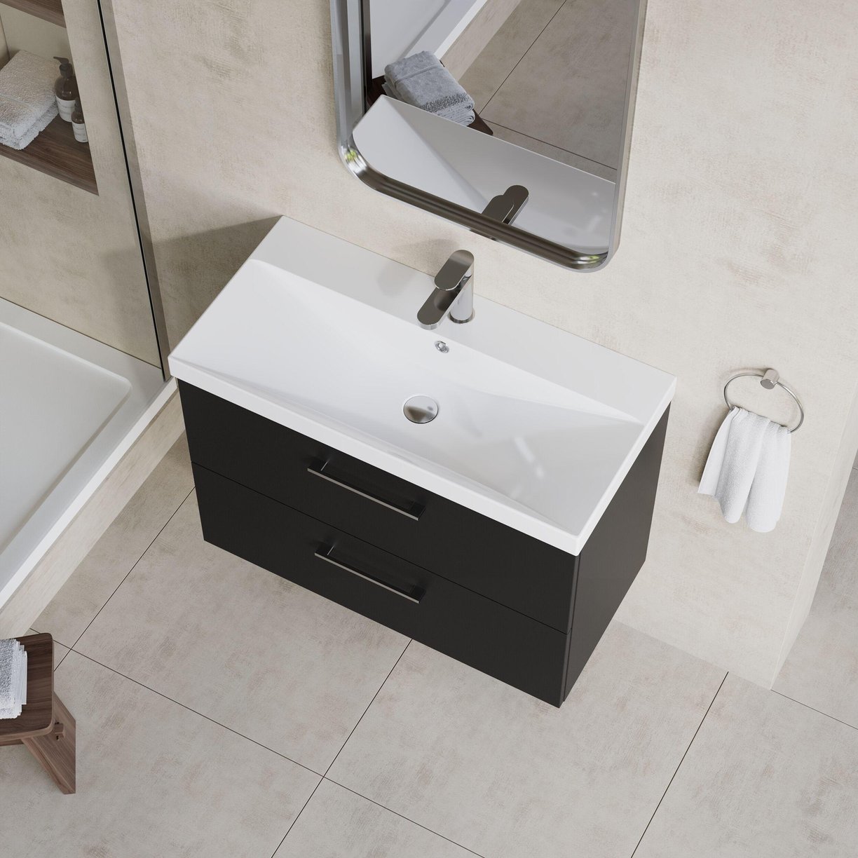 800mm WH 2-Drawer Vanity & Basin 3 - Satin Soft Black
