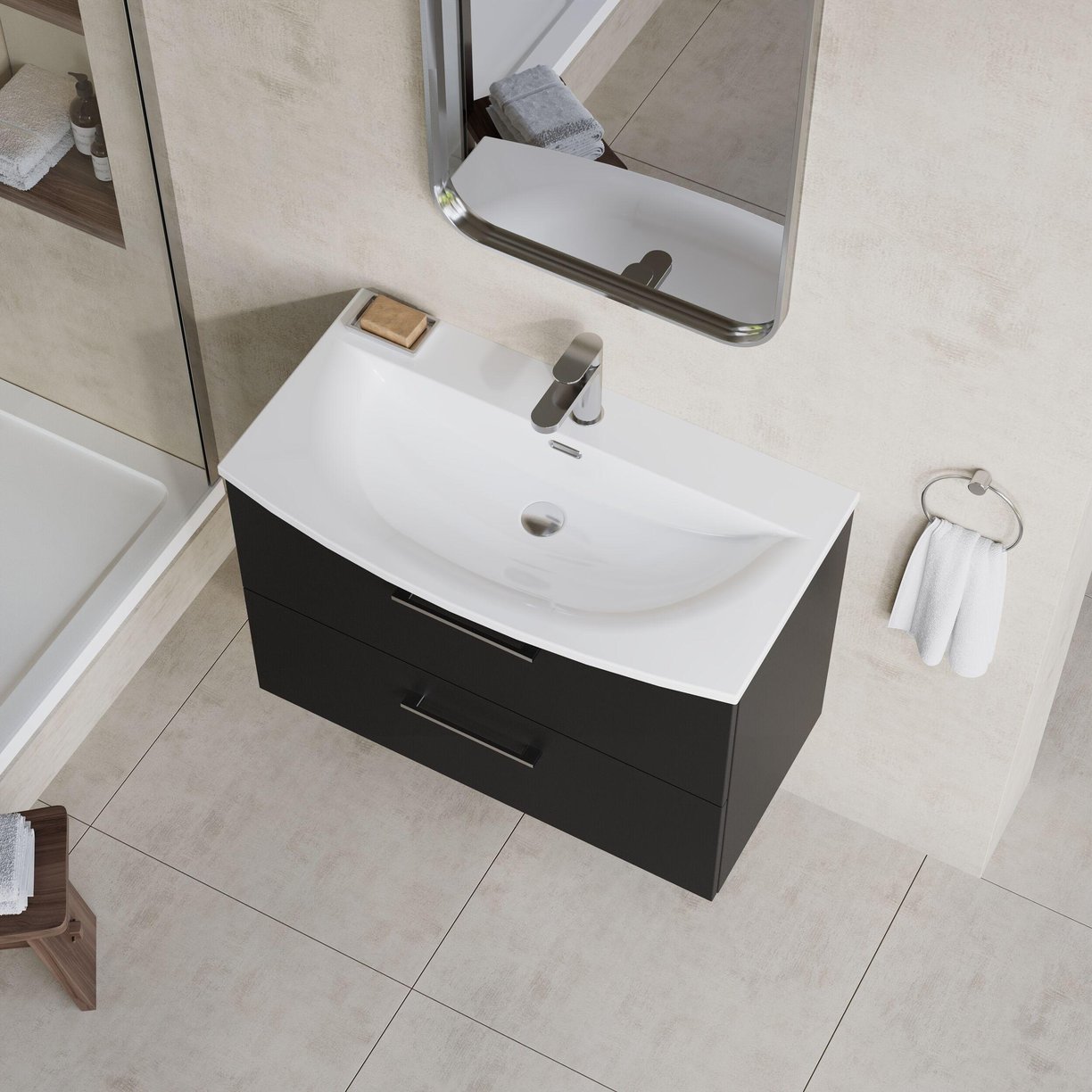 800mm WH 2-Drawer Vanity & Basin 4 - Satin Soft Black