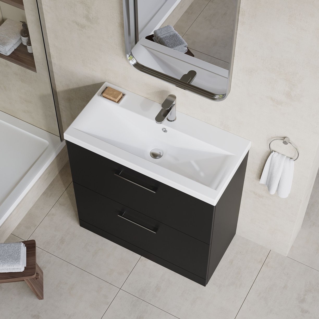 800mm FS 2-Drawer Vanity & Basin 1 - Satin Soft Black
