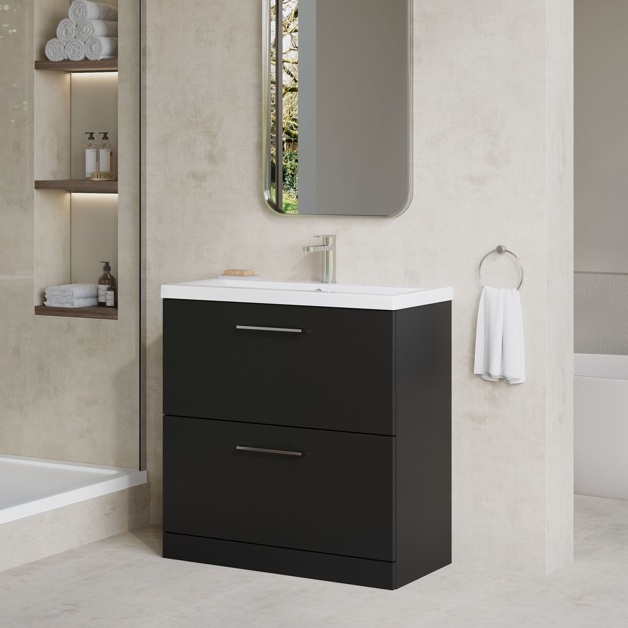 800mm FS 2-Drawer Vanity & Basin 1 - Satin Soft Black