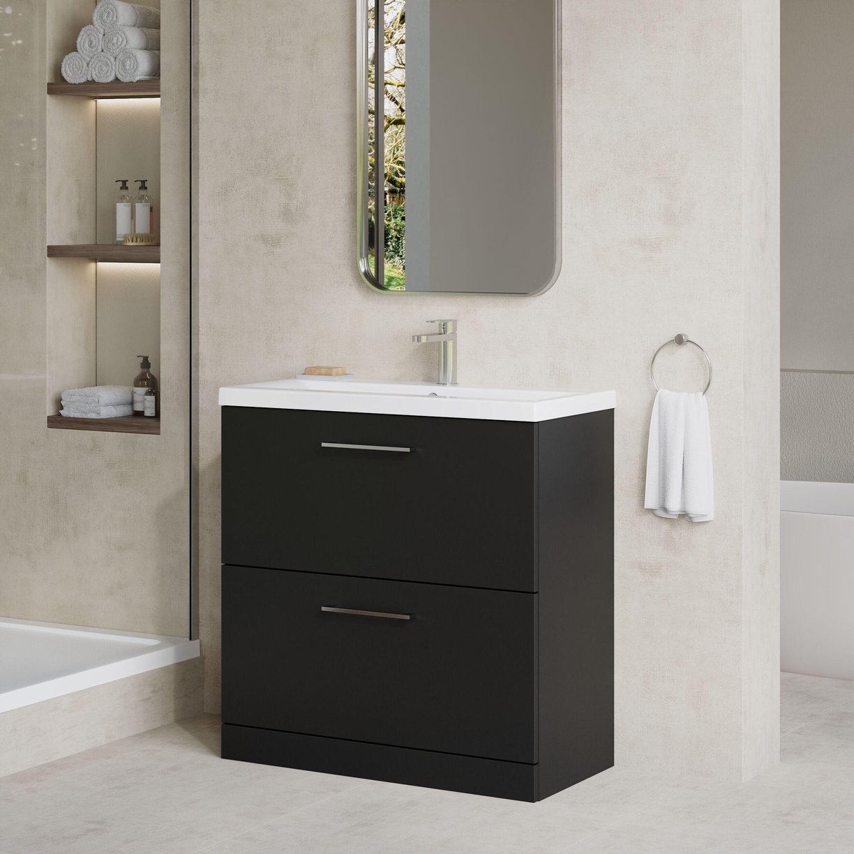 800mm FS 2-Drawer Vanity & Basin 1 - Satin Soft Black