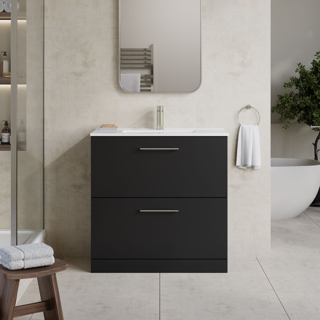 800mm FS 2-Drawer Vanity & Basin 2 - Satin Soft Black