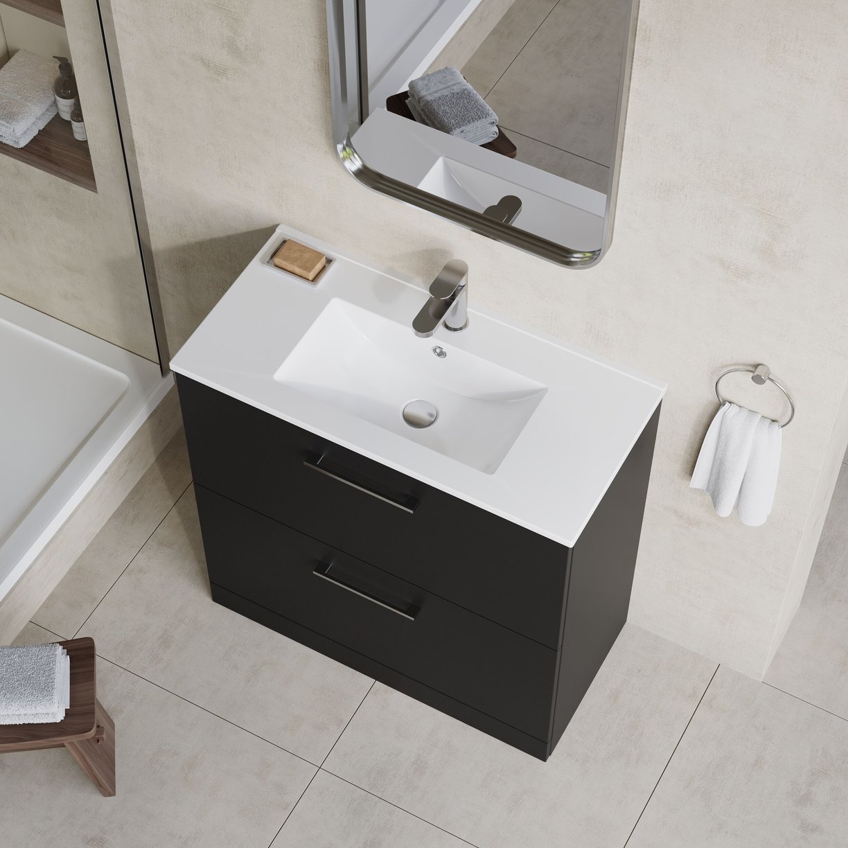 800mm FS 2-Drawer Vanity & Basin 2 - Satin Soft Black