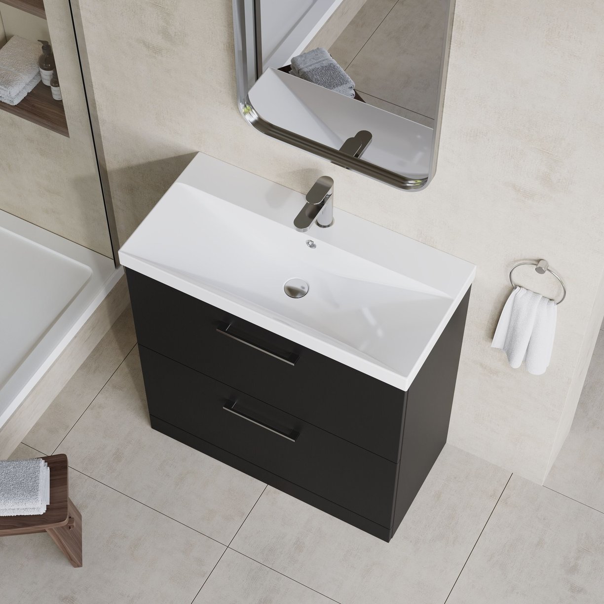 800mm FS 2-Drawer Vanity & Basin 3 - Satin Soft Black