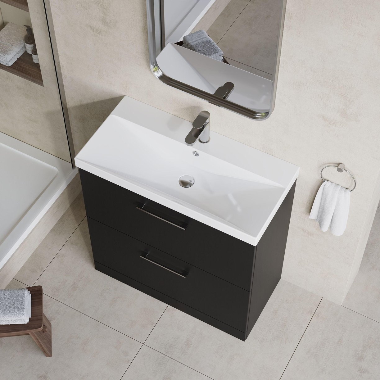 800mm FS 2-Drawer Vanity & Basin 3 - Satin Soft Black