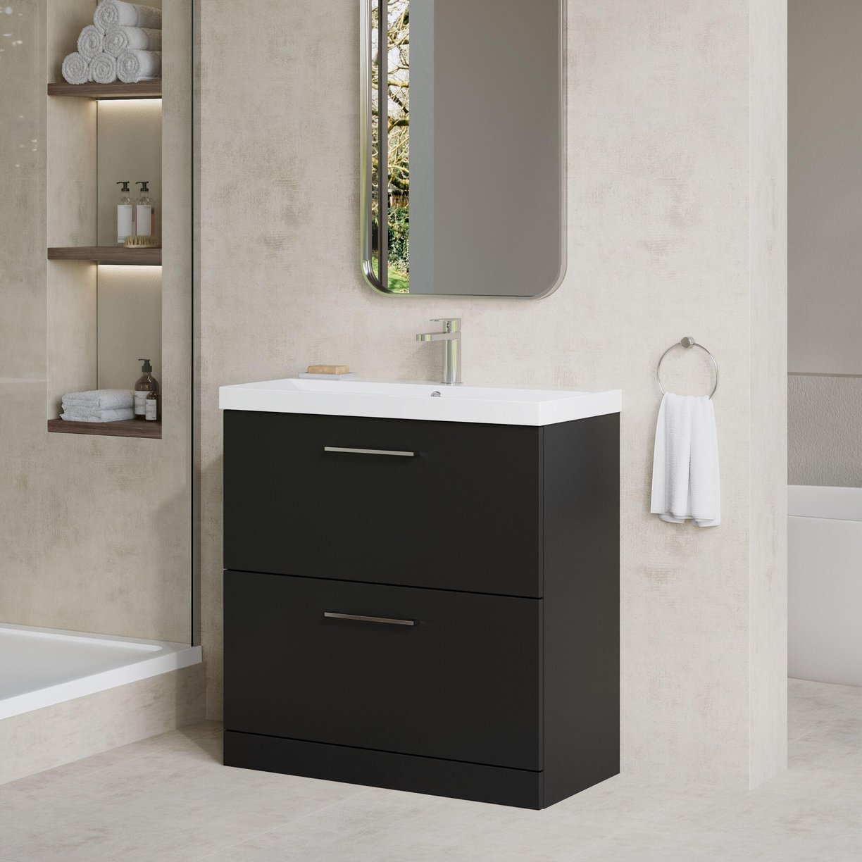 800mm FS 2-Drawer Vanity & Basin 3 - Satin Soft Black