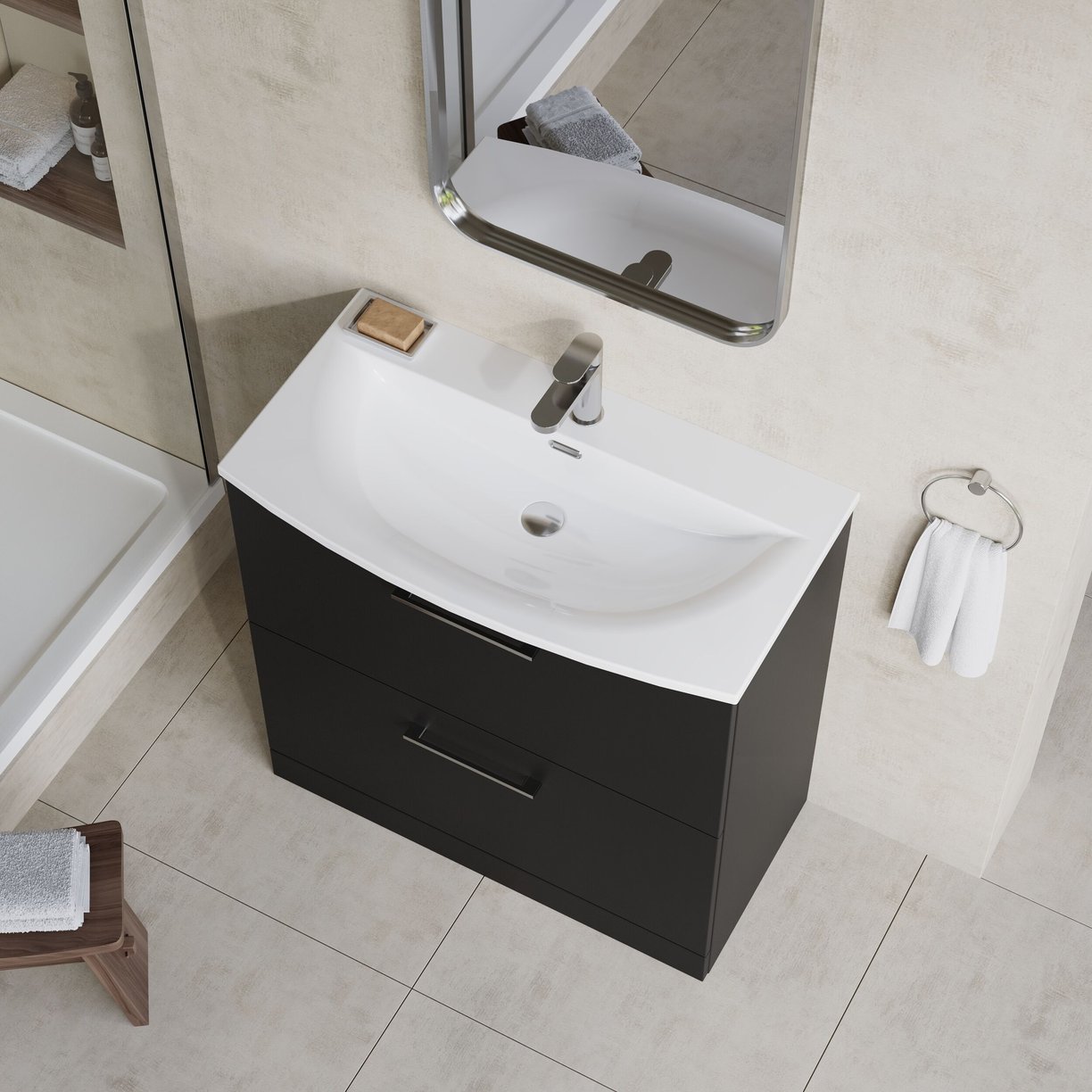 800mm FS 2-Drawer Vanity & Basin 4 - Satin Soft Black