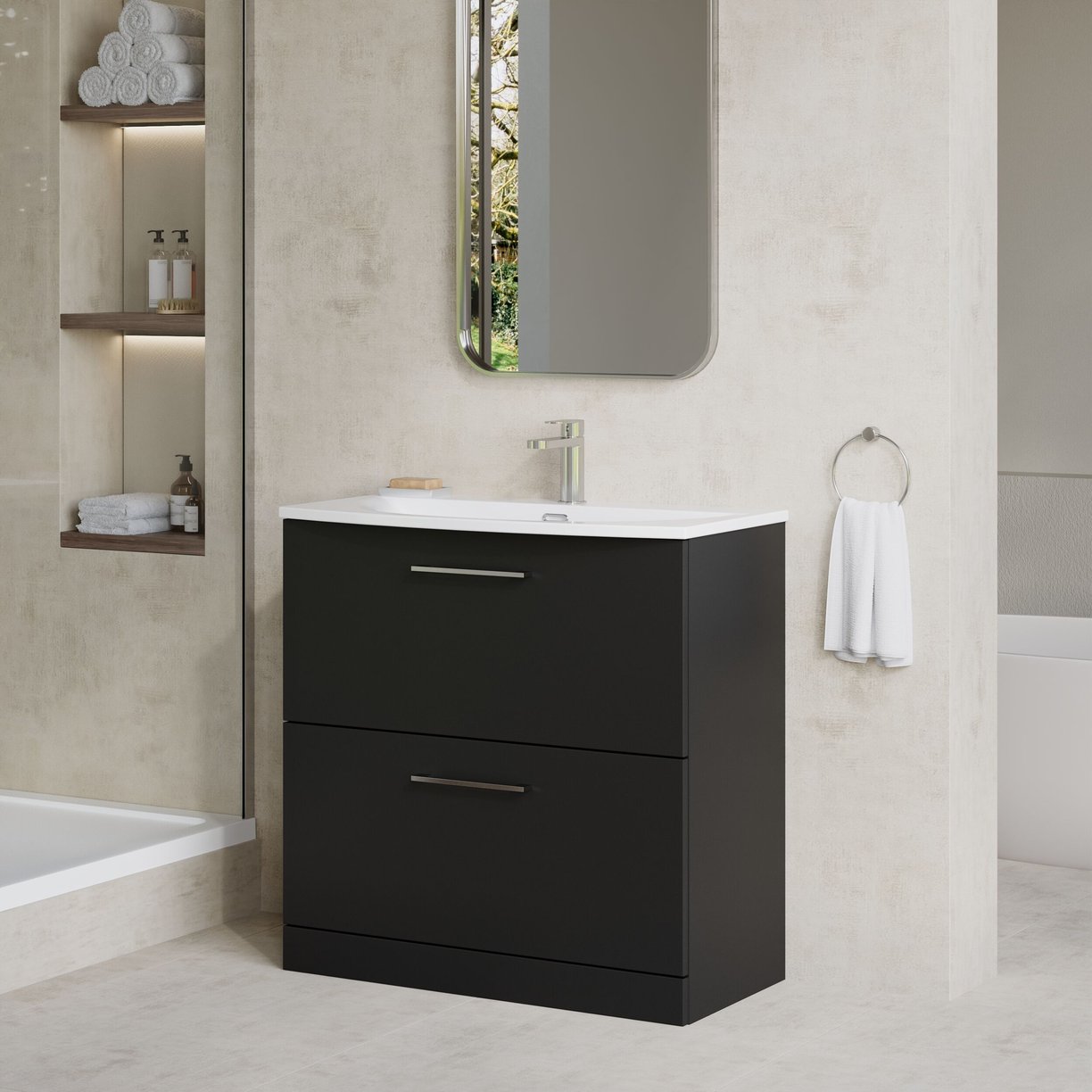 800mm FS 2-Drawer Vanity & Basin 4 - Satin Soft Black