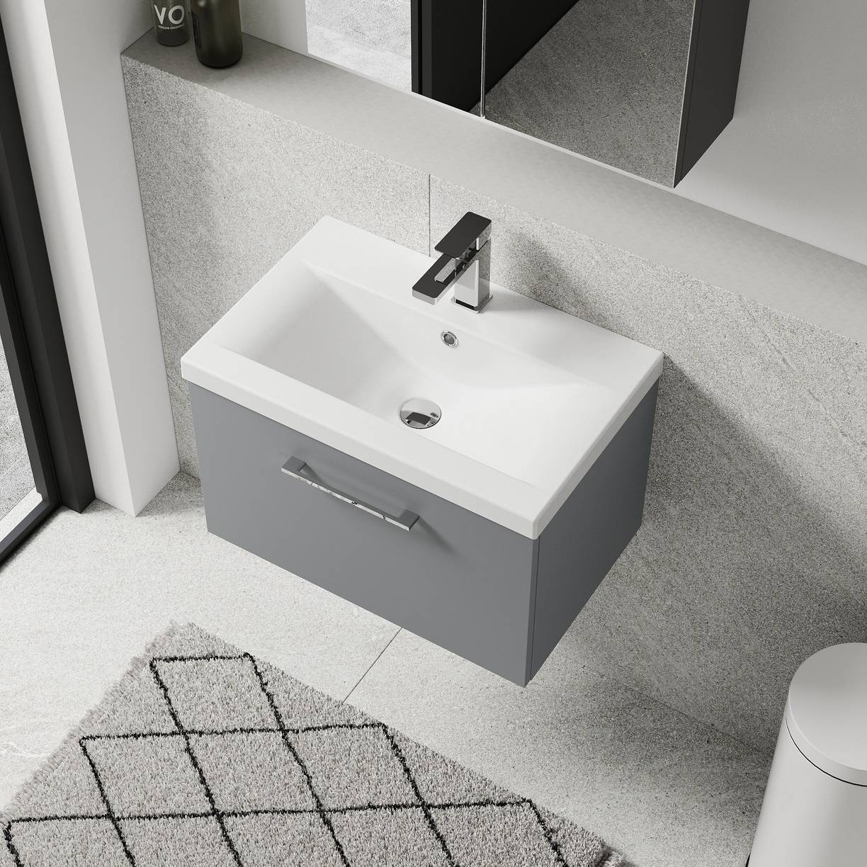 600mm WH 1-Drawer Vanity & Basin 1 - Satin Grey
