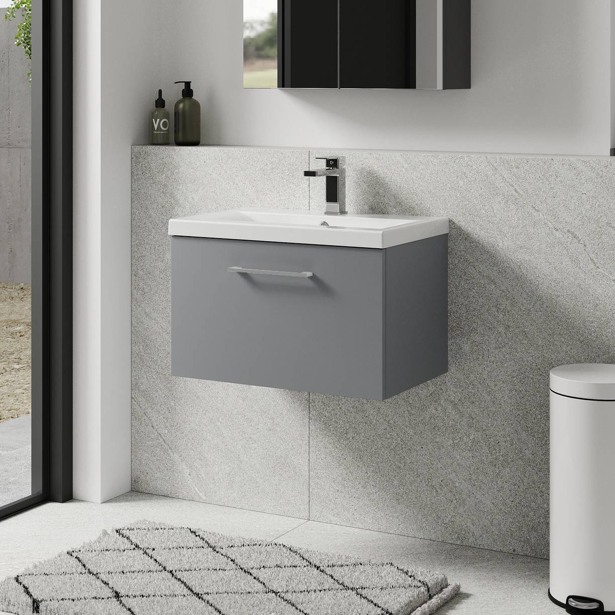 600mm WH 1-Drawer Vanity & Basin 1 - Satin Grey