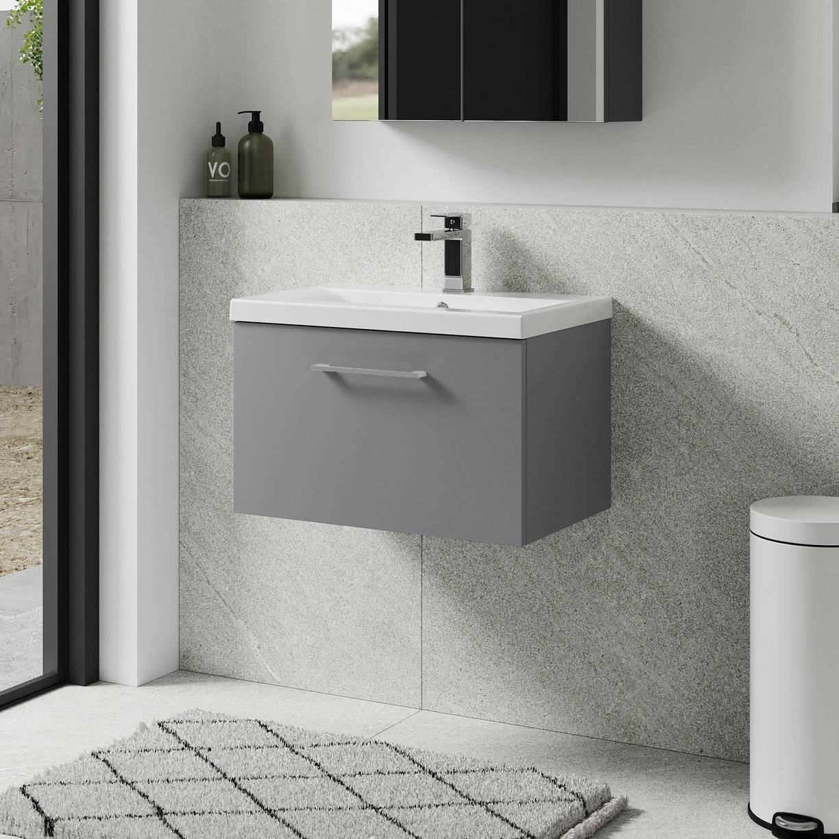 600mm WH 1-Drawer Vanity & Basin 1 - Satin Grey