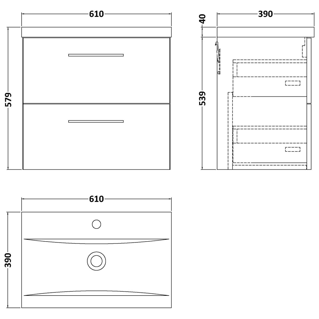600 WH 2-Drawer Vanity & Basin 1