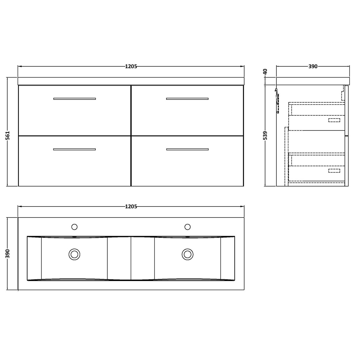 1200 WH 4-Drawer Vanity & Double Basin