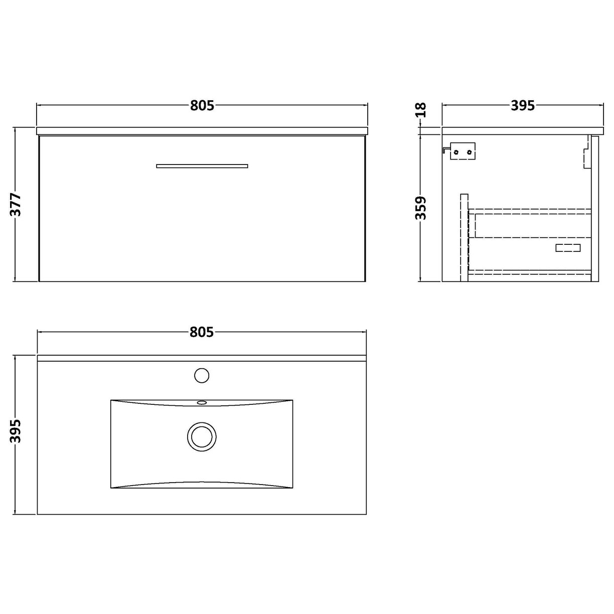 800mm WH Single Drawer Vanity & Basin 2 - Satin Grey