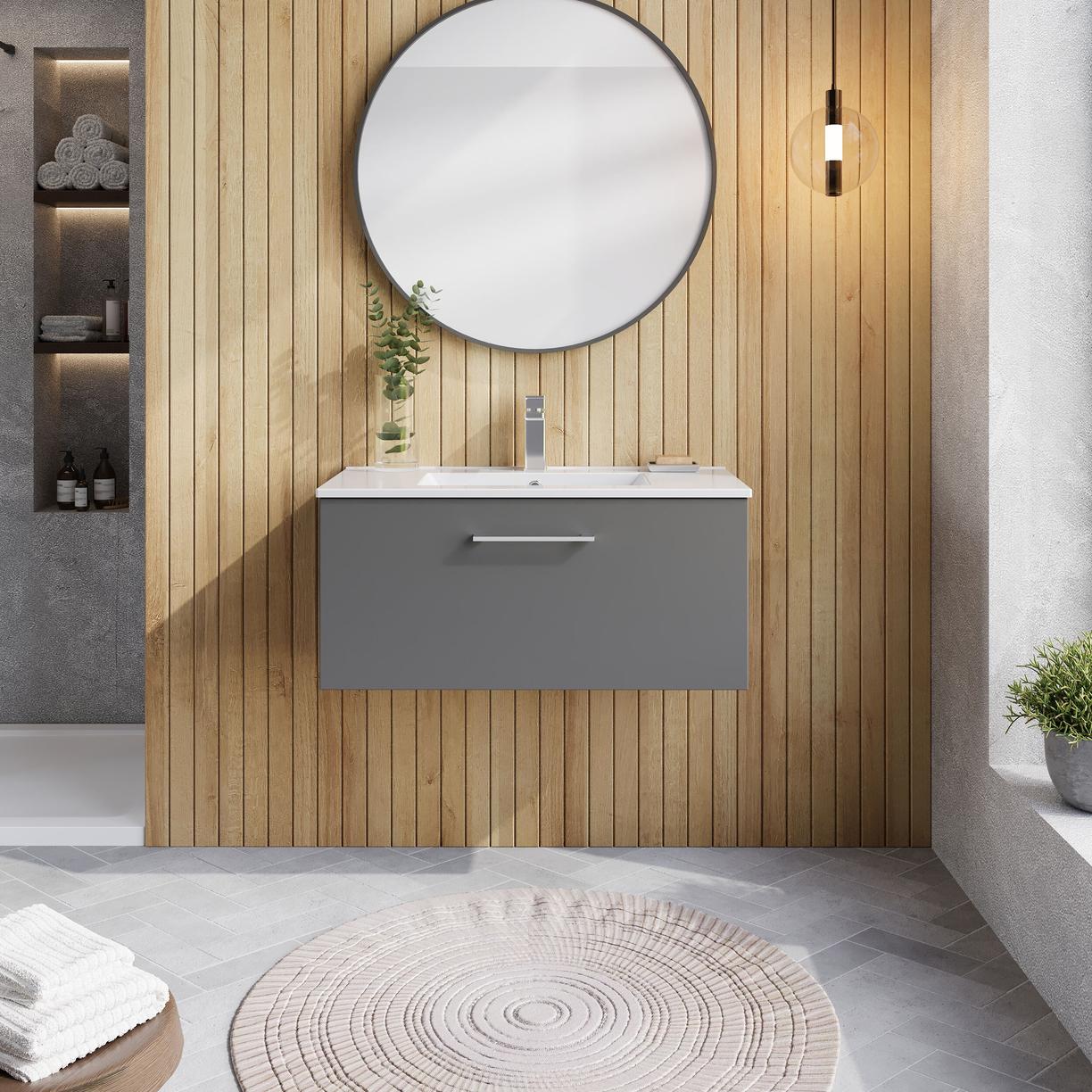 800mm WH Single Drawer Vanity & Basin 2 - Satin Grey