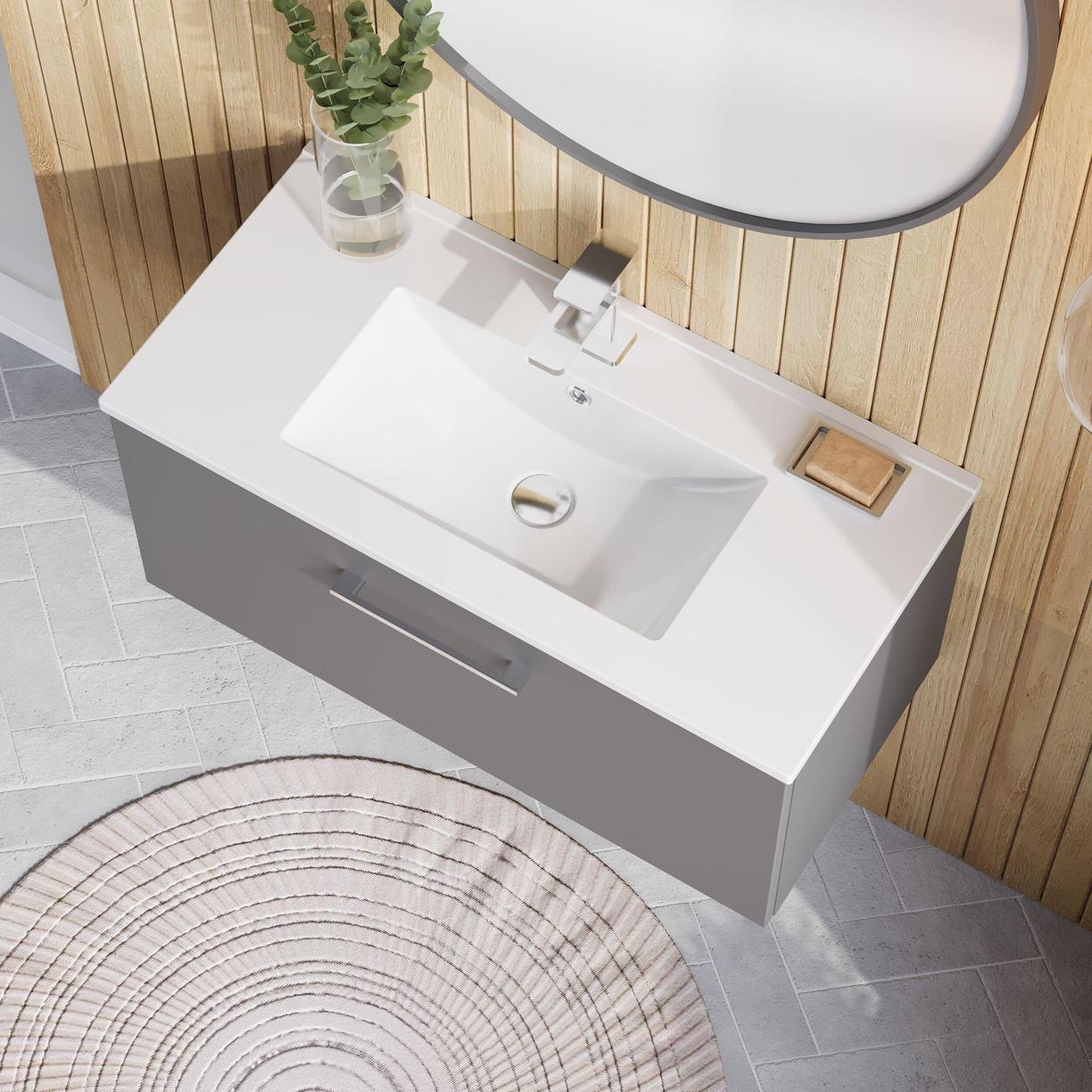 800mm WH Single Drawer Vanity & Basin 2 - Satin Grey