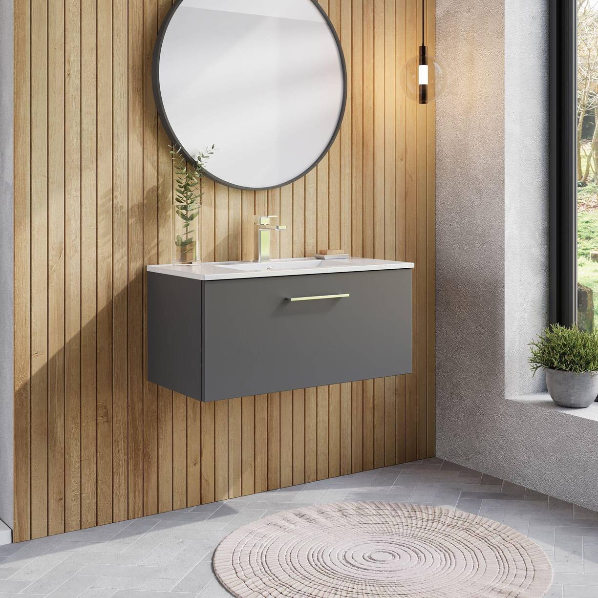 800mm WH Single Drawer Vanity & Basin 2 - Satin Grey