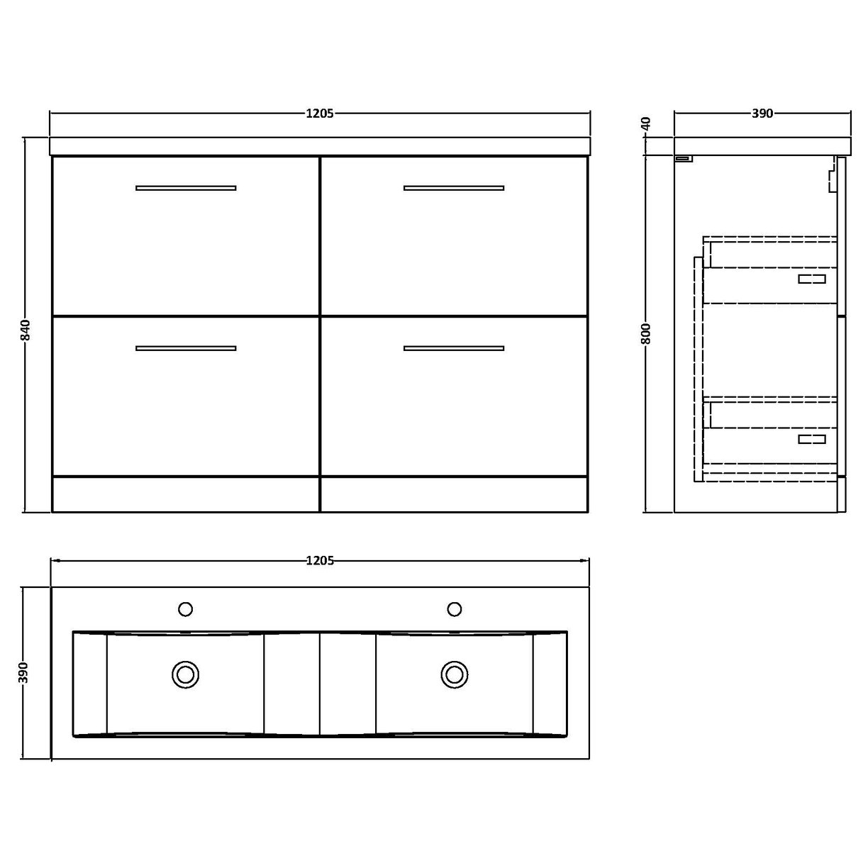 1200 FS 4-Drawer Vanity & Double Basin