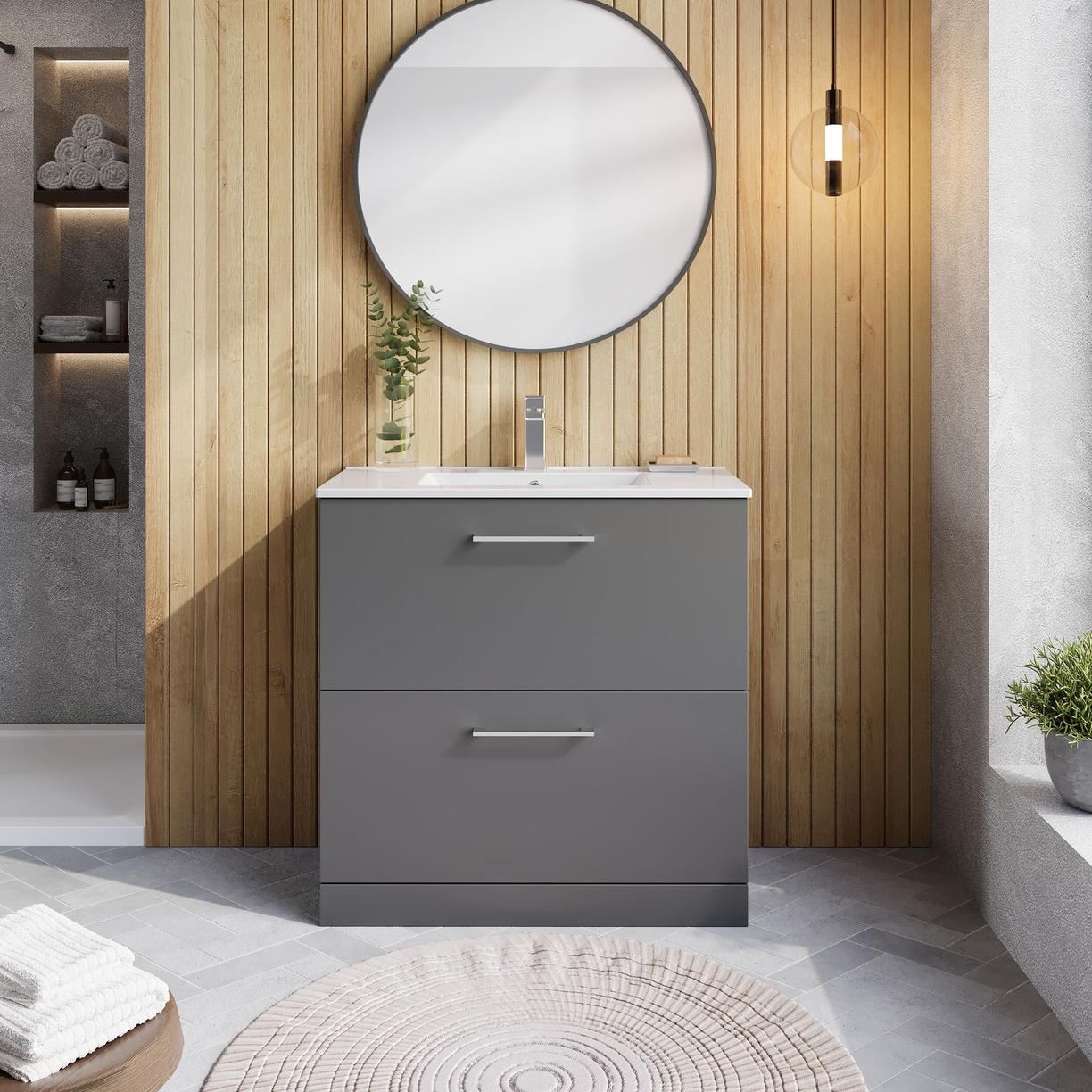 800mm FS 2-Drawer Vanity & Basin 2 - Satin Grey