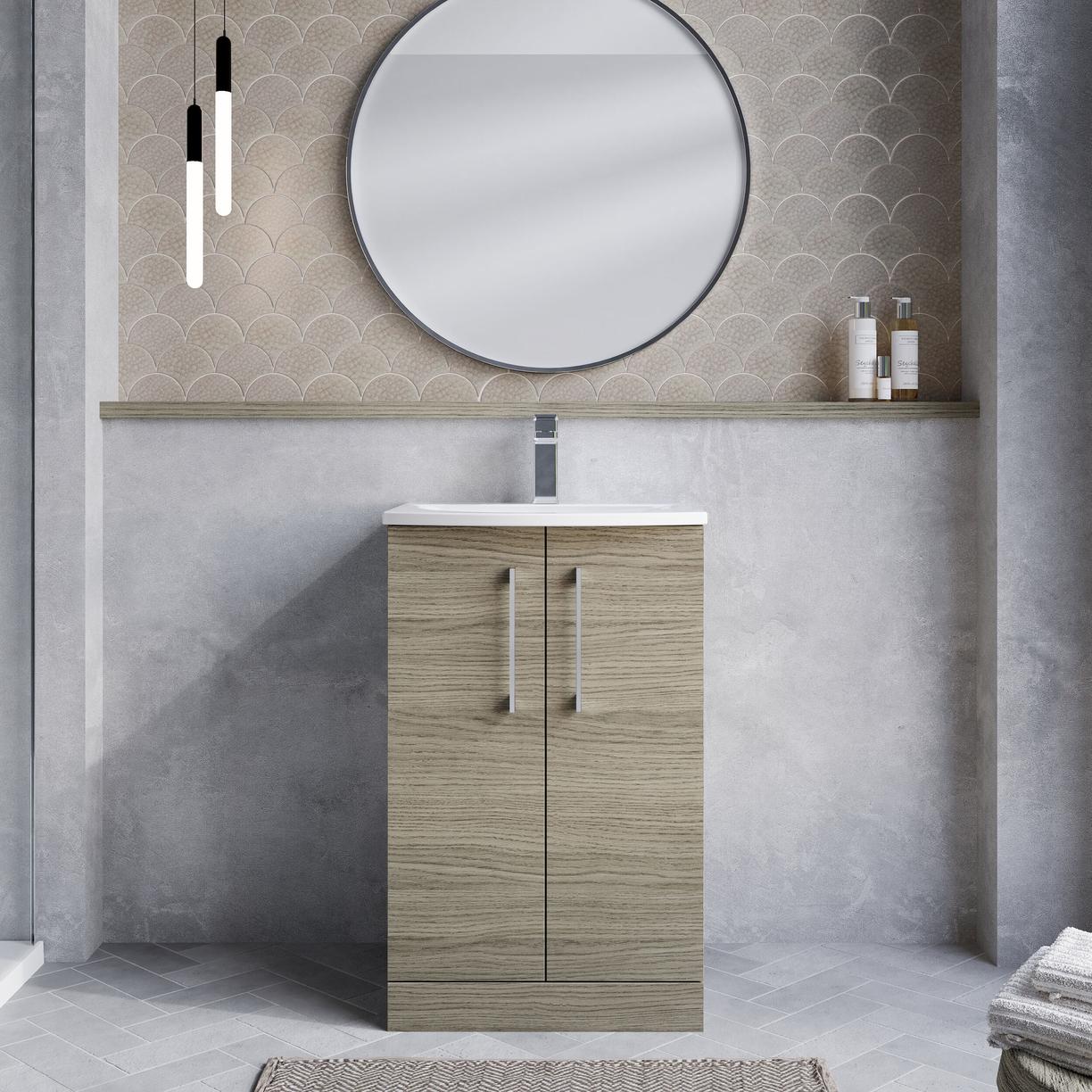 500mm FS 2-Door Vanity & Basin 4 - Solace Oak Woodgrain