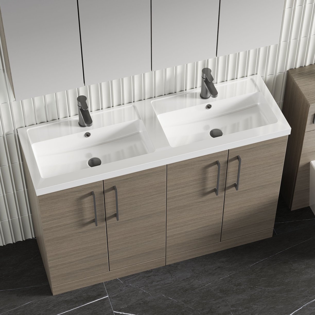 1200mm FS 4-Door Vanity & Double Basin - Solace Oak Woodgrain