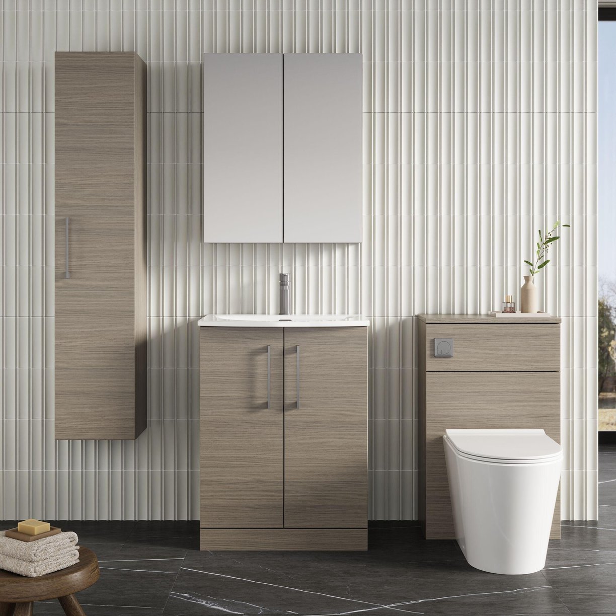 600mm FS 2-Door Vanity & Basin 4 - Solace Oak Woodgrain